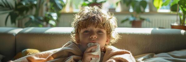 AI generated A young boy with tousled hair sits on a couch covered in a cozy blanket. He looks comfortable and relaxed as he stays warm indoors photo