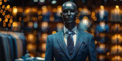 ai generado un maniquí es desplegado en un Tienda ventana, vestido en un equipado azul traje y atar. el formal atuendo vitrinas el estilo y sofisticación de de los hombres Moda foto