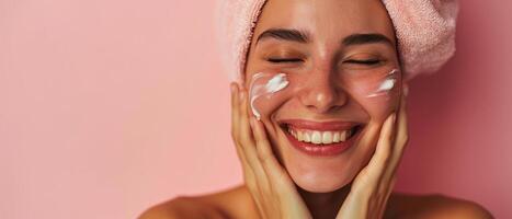 AI generated Joyful skincare moment. Smiling woman with a facial mask enjoys a pampering session photo