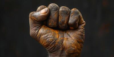 AI generated A photo showcasing a mans clenched fist against a stark black background. The image emphasizes power, resilience, and determination