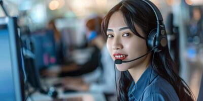 AI generated An asian woman with a headset on her head is smiling directly at the camera. She appears to be engaged in a conversation or customer service interaction. photo