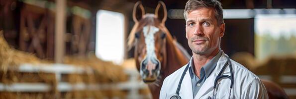 AI generated A man wearing a white lab coat stands next to a horse in a rustic barn. The man appears to be examining or tending to the horse, showcasing a veterinarian at work photo