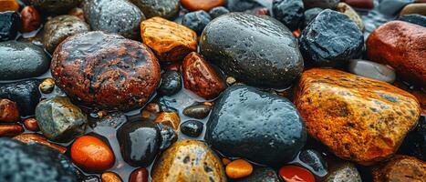 AI generated Close-up of multi-colored pebbles with fresh water droplets, highlighting their varied textures and colors photo