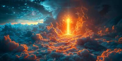 AI generated This image captures a surreal scene of a doorway floating amidst fluffy clouds in the sky, creating a mysterious and enchanting sight photo