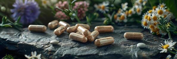 AI generated A collection of pills, representing natural medicine, arranged on top of a rock in an outdoor setting. The pills are different shapes, sizes, and colors photo