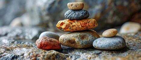 AI generated A carefully balanced stack of varied stones, symbolizing stability and tranquility, on a rough rocky surface photo