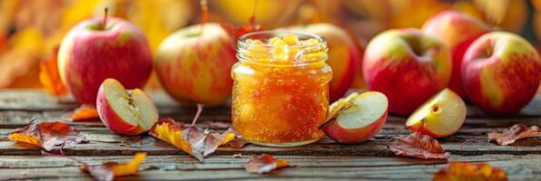 ai generado un claro vaso tarro lleno con dorado líquido se sienta en un antiguo de madera mesa. el tarro es rodeado por un pila de fresco, rojo manzanas foto