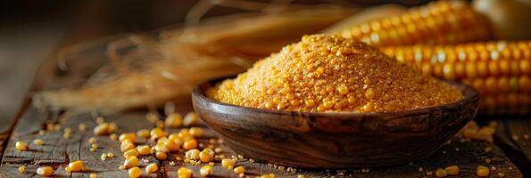 AI generated A wooden bowl sits on top of a table, filled with golden corn. Some ears still have husks partially attached, showcasing a rustic and wholesome image of farm-fresh produce photo