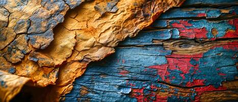 AI generated Close-up of weathered tree bark peeling off to reveal the intricate textures and patterns of aged wood photo