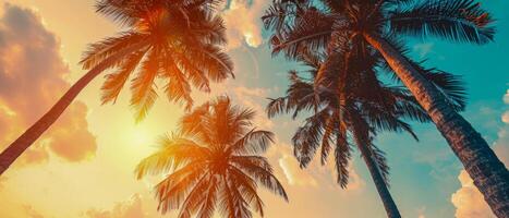 AI generated Transport yourself to a serene oasis with this vintage-inspired image capturing the beauty of palm trees against a backdrop of a stunning sunset photo