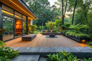 AI generated A tranquil garden setting showcasing a wooden deck and large glass windows on a modern architectural home, surrounded by vibrant greenery and flowering trees photo