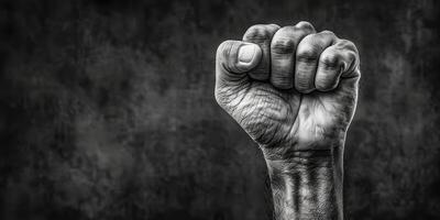 ai generado esta negro y blanco foto capturas un poderoso puño apretado estrechamente. el contraste Entre ligero y oscuro Destacar el fuerza y determinación transportada por el apretado mano