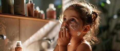 AI generated Little girls playful skincare routine. Child joyfully applies cream to her face in a sunlit bathroom photo