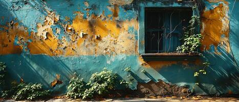 AI generated The textured facade of a blue and yellow wall with peeling paint, overgrown with plants casting shadows in the sunlight photo