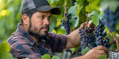 AI generated A man is seen picking ripe grapes from the vine in a vineyard. The clusters of dark grapes are being carefully examined and harvested by the vintner photo