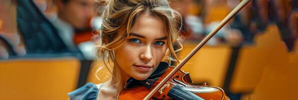 ai generado esta foto capturas un de cerca de un mujer jugando el violín con sorprendentes azul ojos. su manos son hábilmente Moviente en el instrumentos de cuerda, creando hermosa música