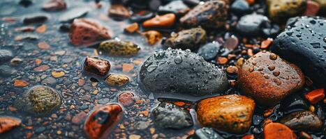 AI generated Assorted Wet River Stones with Colorful Patterns. Close-up of various colorful and textured river stones, wet and glistening, with diverse shapes and patterns. photo