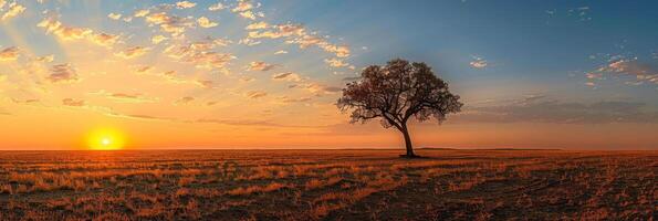 AI generated A lone tree stands tall in a vast field with towering mountains in the background. The tree stands out against the open landscape, creating a striking contrast photo