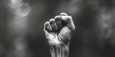 ai generado esta negro y blanco foto capturas un persona levantamiento su puño en un poderoso gesto. el imagen transporta fortaleza, determinación, y desafío