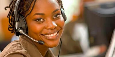 AI generated A woman with a smile on her face is wearing a headset while sitting in front of a computer, likely in a customer service setting. photo