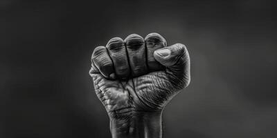 AI generated This black and white photo captures a person raising their fist in a powerful gesture. The image conveys strength, determination, and defiance