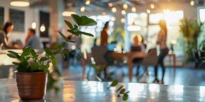 AI generated A photo of a green plant potted in a white container sitting on a desk in an office setting. The plant adds a touch of nature to the work environment