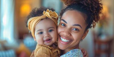 AI generated A woman with a smile on her face gently holds a little girl in her arms. Both figures are looking at each other in a heartwarming moment photo