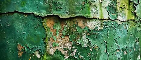 AI generated Close-up image of cracked and peeling green paint revealing the textured concrete surface beneath photo