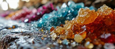 AI generated A vibrant array of colored crystal sugars in close detail, sparkling under sunlight photo