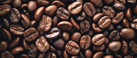 AI generated Close-up image capturing the rich textures and dark tones of freshly roasted coffee beans, with a focus on their glossy surfaces. Freshly Roasted Coffee Beans photo
