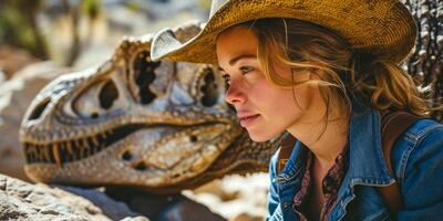 AI generated Female Paleontologist with Dinosaur Fossil. Close encounter with the past by a female paleontologist photo