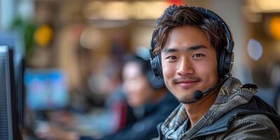 AI generated An asian engaging customer service representative, a man wearing a headset, sitting in front of a computer monitor, focused on his work photo