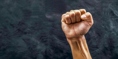 AI generated A strong and powerful image of a person raising their fist in the air, symbolizing defiance and protest. The gesture exudes empowerment and determination photo