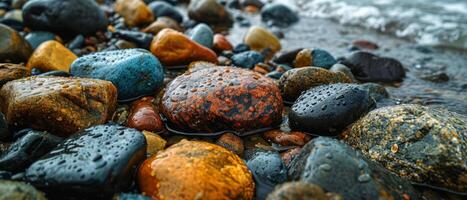 AI generated Colorful Wet Pebbles and Rocks Close-up. A vibrant collection of wet pebbles and rocks in various colors and patterns, glistening with moisture photo