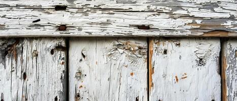 ai generado el textura de antiguo de madera tablones cubierto con descamación blanco pintar, evocando un sentido de rústico decaer y Clásico encanto foto