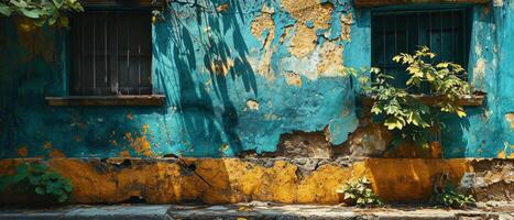 AI generated The textured facade of a blue and yellow wall with peeling paint, overgrown with plants casting shadows in the sunlight photo