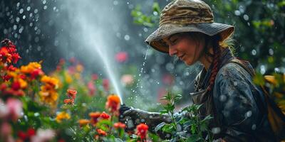 AI generated Rainy Day Gardening Florist Tending to Blooms. Gardener in rain showers tenderly caring for vibrant flowers photo