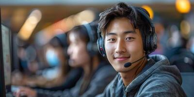 ai generado un asiático atractivo cliente Servicio representante, un hombre vistiendo un auriculares, sentado en frente de un computadora monitor, enfocado en su trabajo foto