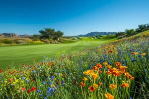 AI generated A picturesque golf green nestled among a vibrant mix of wildflowers, offering a striking contrast between manicured perfection and natural splendor photo