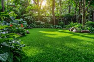 AI generated A tranquil backyard garden, lush with greenery and dappled sunlight, offers a peaceful retreat with its well-kept lawn and vibrant plant life photo