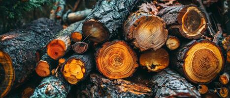 ai generado de cerca ver de apilado madera registros, destacando el intrincado patrones de árbol anillos y texturas foto