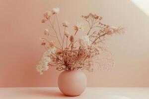 AI generated A delicate and modern floral composition in a vase, featuring a mix of dried flowers in soft pastel shades, creating a serene and artistic atmosphere with subtle shadows photo