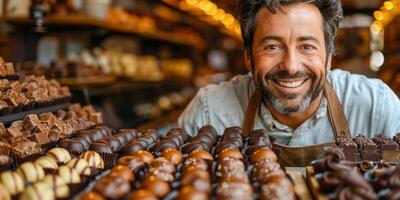 AI generated A man, dressed in an apron, stands in front of a display of various chocolates. He is smiling and appears joyful as he presents the assortment of sweets photo