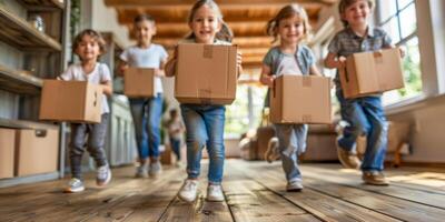 ai generado el foto capturas un grupo de niños felizmente que lleva cajas abajo un pasillo. ellos son trabajando juntos, mostrando trabajo en equipo y cooperación como ellos transporte el artículos