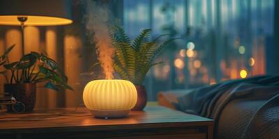 AI generated A serene bedroom setting at twilight, with a humidifier aroma diffuser glowing warmly beside a potted fern and a steaming cup of tea, evoking a peaceful and relaxing atmosphere photo