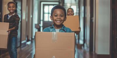 ai generado el foto capturas un grupo de niños felizmente que lleva cajas abajo un pasillo. ellos son trabajando juntos, mostrando trabajo en equipo y cooperación como ellos transporte el artículos