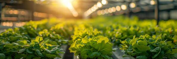 ai generado un campo de lechuga es tomando el sol en el luz de sol en el antecedentes. el vibrante verde lechuga plantas son pulcramente arreglado en filas, remojo arriba el soles rayos foto