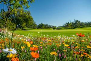 AI generated A picturesque golf green nestled among a vibrant mix of wildflowers, offering a striking contrast between manicured perfection and natural splendor photo