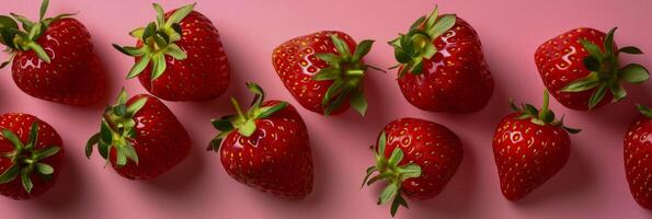 AI generated A flatlay photo featuring a vibrant arrangement of ripe strawberries on a bright pink background.