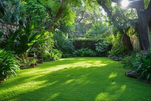 AI generated A tranquil backyard garden, lush with greenery and dappled sunlight, offers a peaceful retreat with its well-kept lawn and vibrant plant life photo